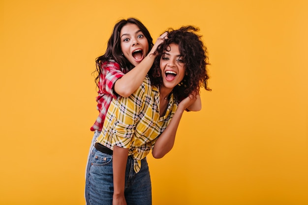 Meninas loucas e emocionais estão brincando e se divertindo. Mulher ri e brinca com o cabelo da namorada mulata.