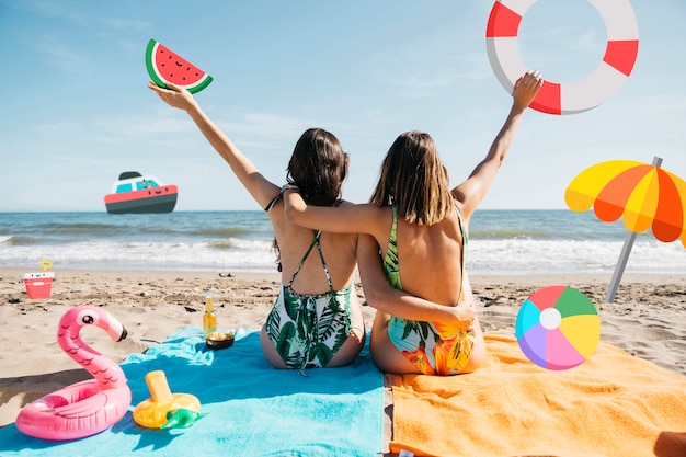 Meninas na praia com filtro de objetos de ícone