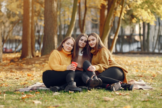 Meninas, sentado em um cobertor em um parque de outono