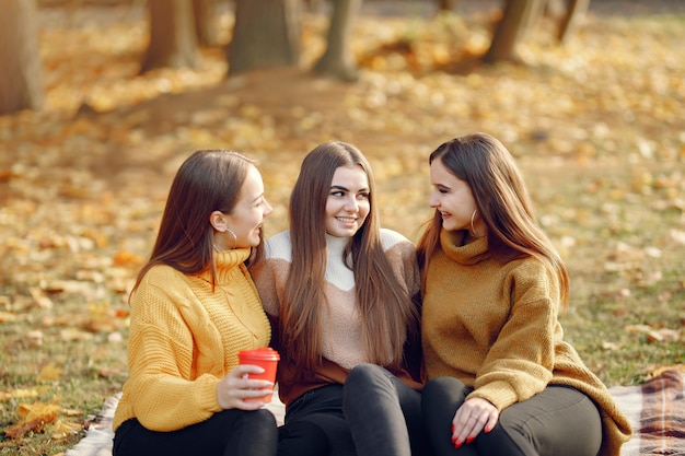 Meninas, sentado em um cobertor em um parque de outono