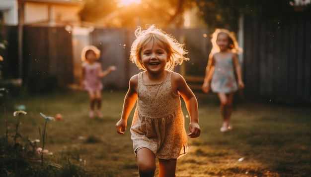 Foto grátis meninas sorridentes correndo despreocupadas no prado natural gerado por ia