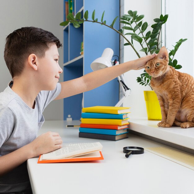 Menino acariciando gato durante a leitura