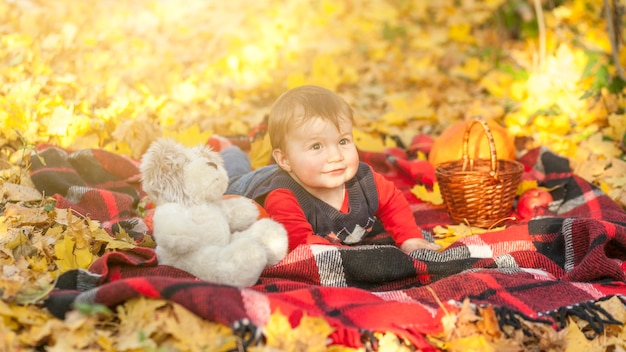 Menino bonitinho com ursinho de pelúcia sentado em um cobertor