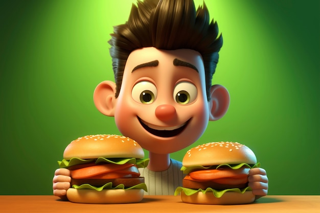 Foto grátis menino de desenho animado com hambúrguer