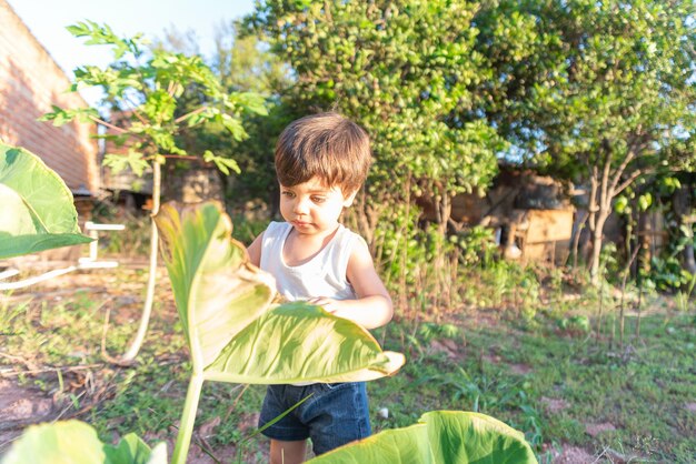 Menino de olhos azuis brincando no quintal