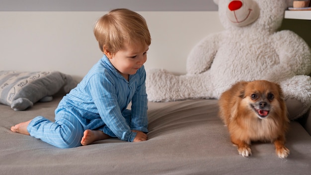 Foto grátis menino de tiro completo brincando com cachorro