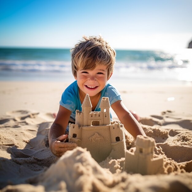 Menino de tiro completo brincando na praia