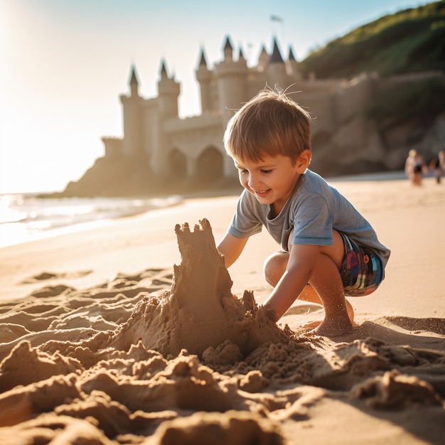 Menino de tiro completo brincando na praia