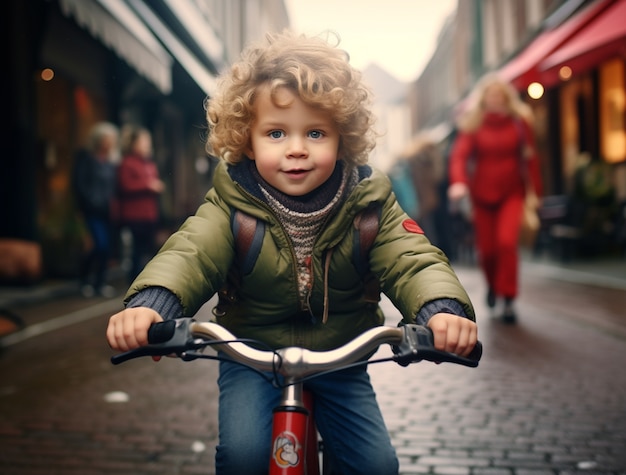 Foto grátis menino desfrutando de um passeio de bicicleta na cidade