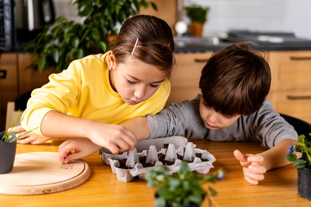 Menino e menina em casa plantando sementes