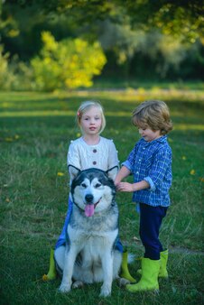 Menino e menina em um campo verde com seu husky de estimação ou malamute