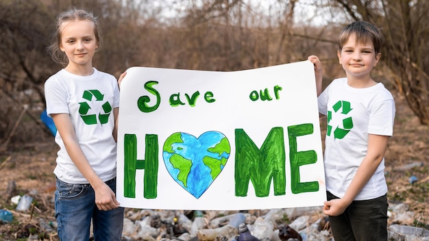 Foto grátis menino e menina segurando cartaz em defesa da ecologia na coleta de lixo plástico