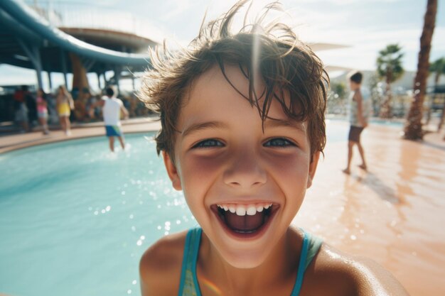 Foto grátis menino em um parque temático expressão feliz e surpreendido