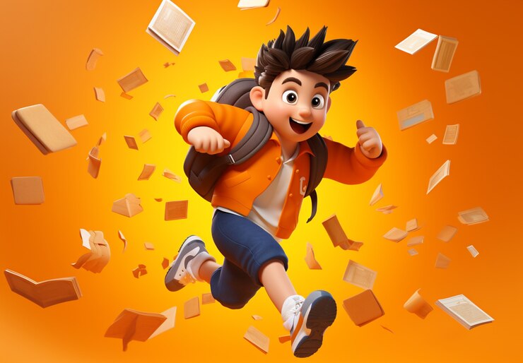 Foto grátis menino personagem de desenho animado correndo livros