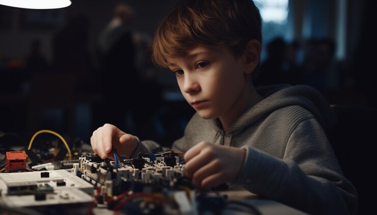 Foto grátis meninos caucasianos bonitos consertando equipamentos com tecnologia gerada por ia