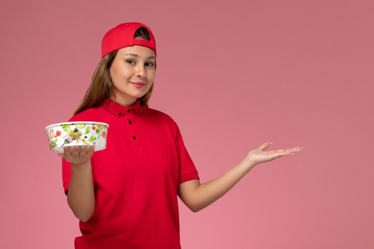 Foto grátis mensageira de frente com uniforme vermelho e capa segurando a tigela de entrega na parede rosa, trabalhador de serviço de entrega de uniforme
