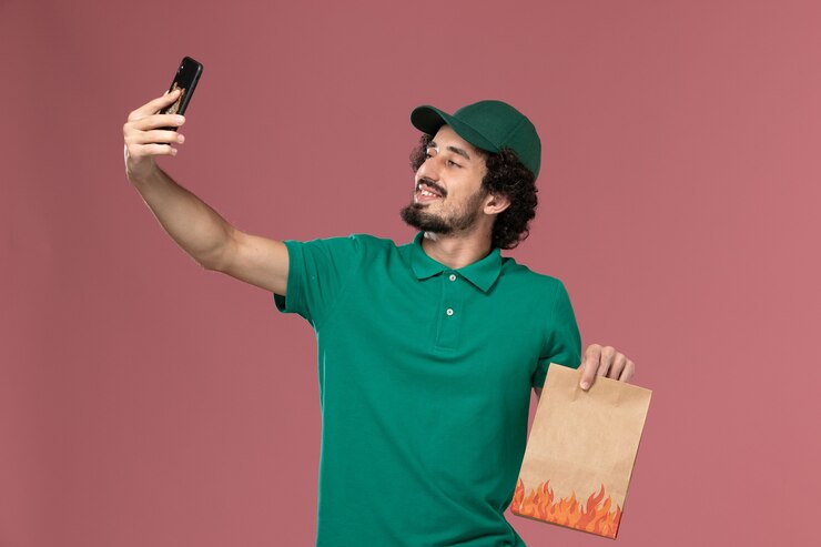 Foto grátis mensageiro masculino com capa e uniforme verde segurando o pacote de comida e tirando foto no fundo rosa serviço uniforme entrega trabalho masculino