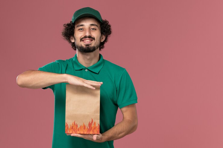Foto grátis mensageiro masculino de vista frontal com uniforme verde e capa segurando um pacote de comida de papel e sorrindo no fundo rosa.