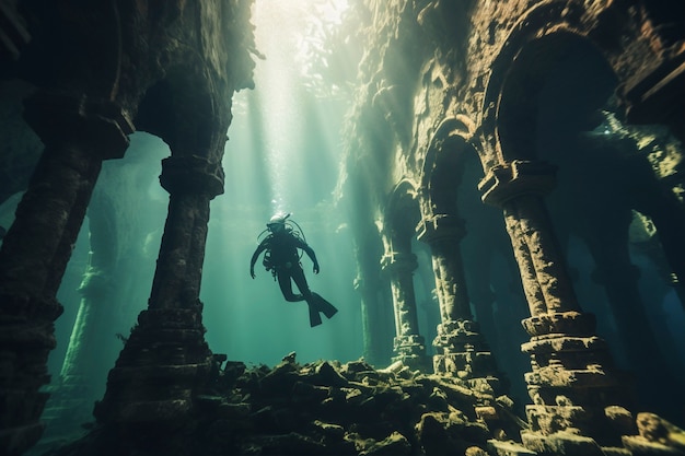 Foto grátis mergulhador explorando ruínas arqueológicas de edifícios subaquáticos
