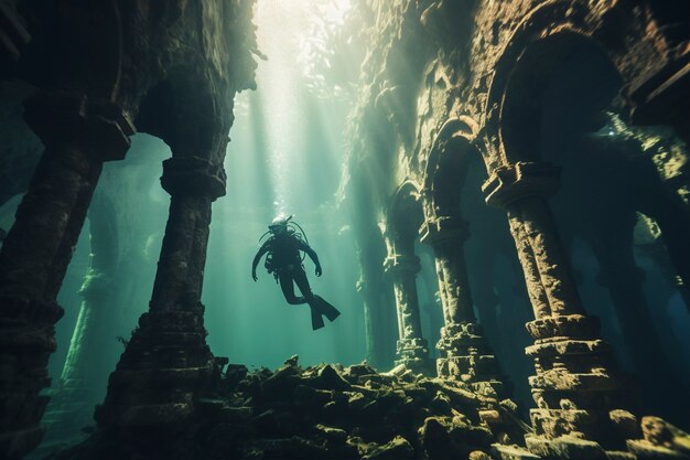 Mergulhador explorando ruínas arqueológicas de edifícios subaquáticos