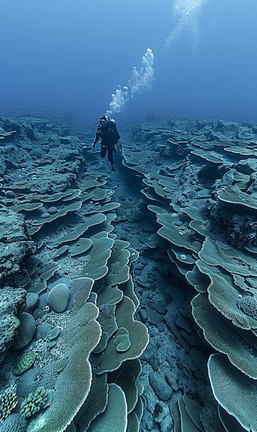 Foto grátis mergulhador sob o mar cercado por natureza selvagem