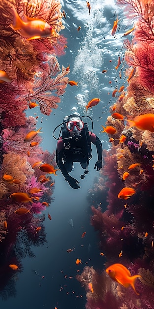 Mergulhador sob o mar cercado por natureza selvagem