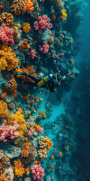 Foto grátis mergulhador sob o mar cercado por natureza selvagem