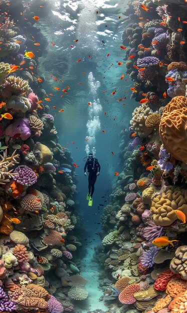 Mergulhador sob o mar cercado por natureza selvagem