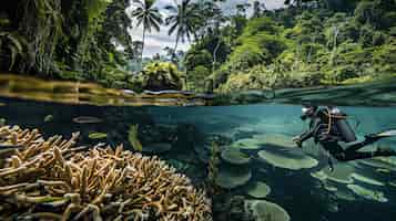 Foto grátis mergulhador sob o mar cercado por natureza selvagem