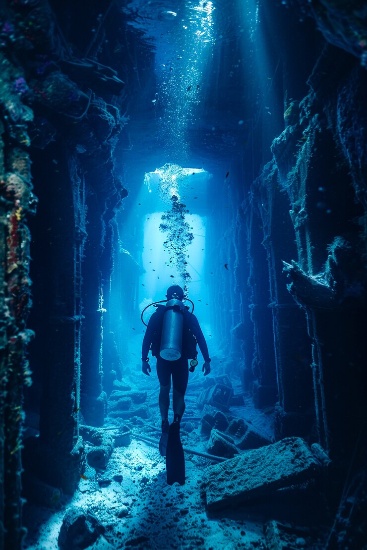 Foto grátis mergulhador sob o mar cercado por ruínas de edifícios arqueológicos