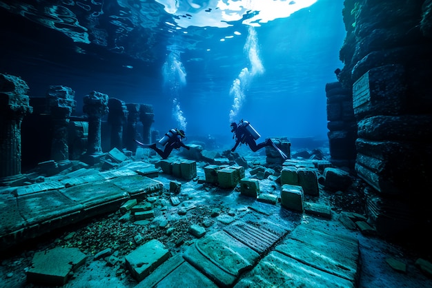 Foto grátis mergulhador sob o mar cercado por ruínas de edifícios arqueológicos