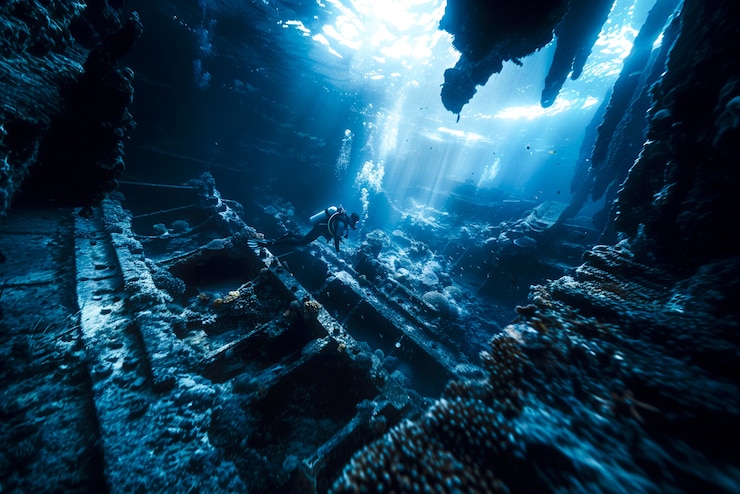 Foto grátis mergulhador sob o mar cercado por ruínas de edifícios arqueológicos