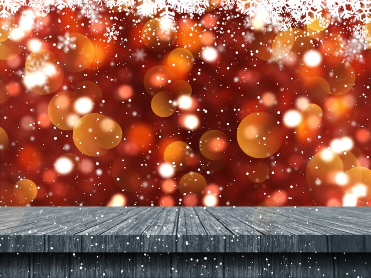 Foto grátis mesa 3d de madeira com vista para um fundo de floco de neve de natal
