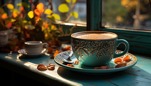 Mesa aconchegante de cafeteria fundo de madeira cappuccino quente estação de outono gerado por inteligência artificial