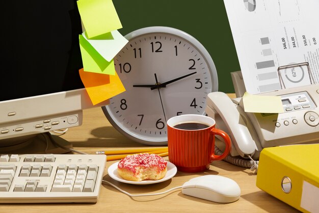 Mesa de escritório bagunçada com computador antigo ainda vida