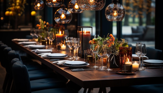 Foto grátis mesa de jantar de luxo à luz de velas decoração elegante comida e vinho requintados gerados por inteligência artificial