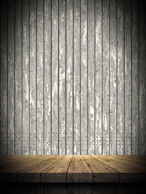 Foto grátis mesa de madeira 3d contra uma parede de madeira do grunge