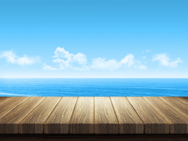 Mesa de madeira com paisagem do oceano em segundo plano