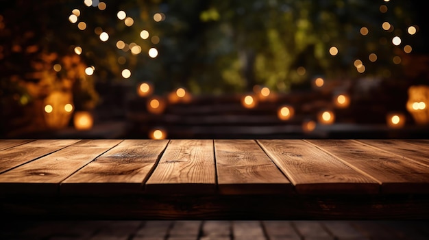 Mesa de madeira do lado de fora à noite iluminada por luzes de fundo