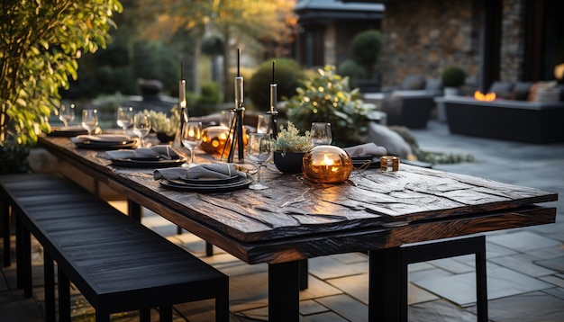 Foto grátis mesa de madeira rústica ao ar livre decoração elegante de velas cadeira confortável gerada por inteligência artificial