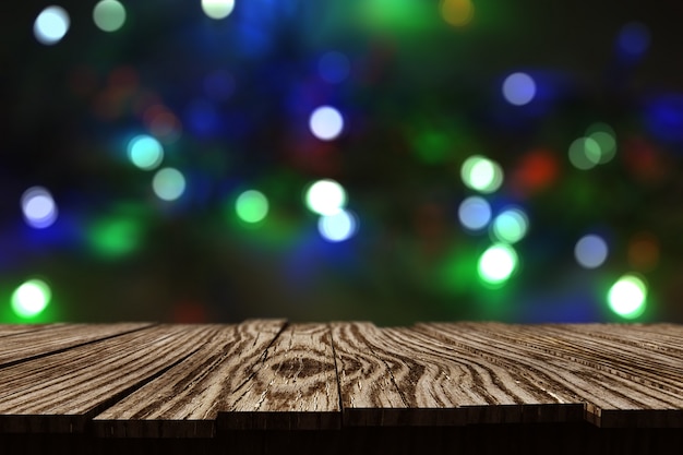 Mesa de madeira rústica em 3d contra o fundo das luzes bokeh de natal