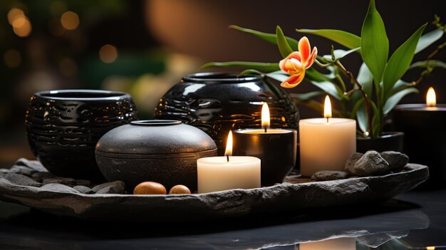 Mesa de massagem com velas brancas e pedras pretas