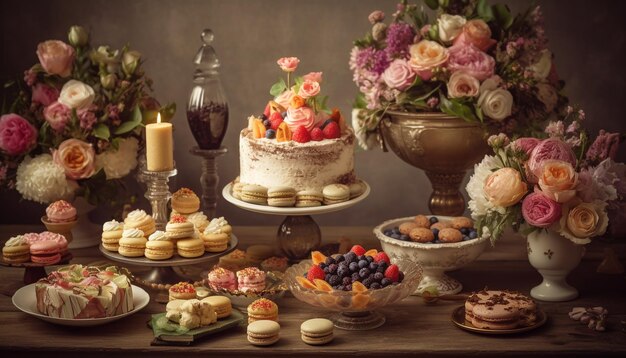 Mesa de sobremesa gourmet com bolos e cupcakes caseiros gerados por IA
