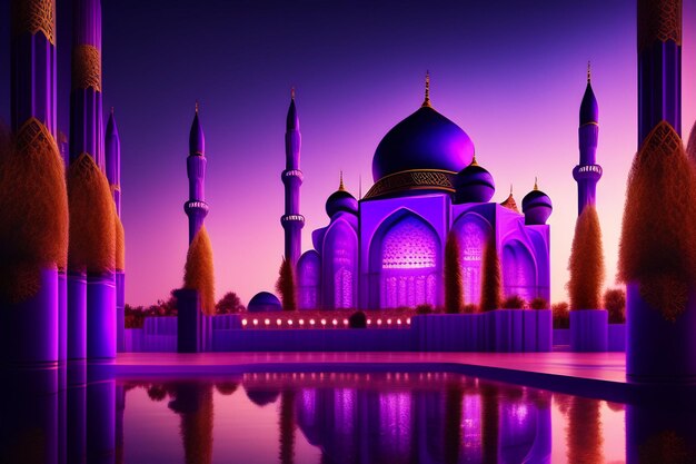 Mesquita roxa do Ramadã com as luzes acesas