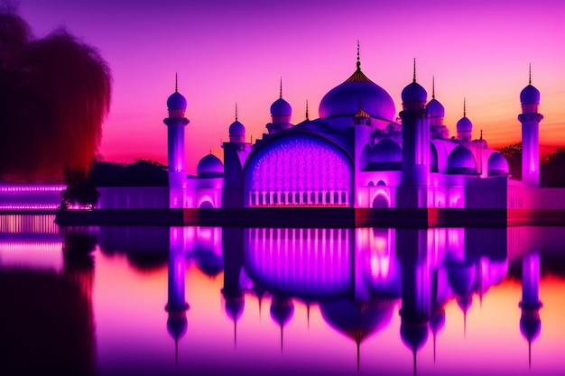 Mesquita roxa do Ramadã com o rosto de um homem em primeiro plano e um céu roxo atrás