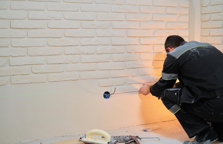 Foto grátis mestre coloca ladrilhos na parede o construtor instala ladrilhos para trabalhos de renovação adesivo de decoração de parede no apartamento