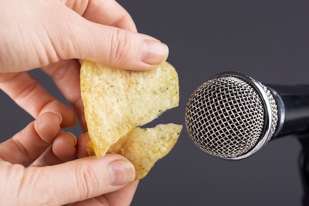 Foto grátis microfone asmr com batata frita para som