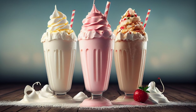 Milk-shake doce de verão na IA generativa de fundo de mesa de madeira