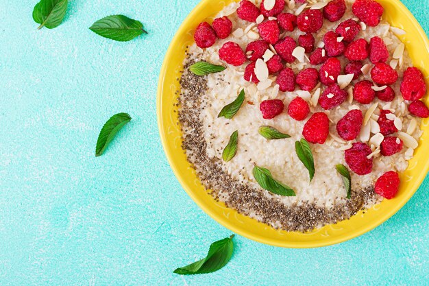 Mingau de aveia saboroso e saudável com chia de framboesa e linho. Café da manhã saudável. Comida de fitness. Nutrição apropriada. Vista do topo. Configuração plana