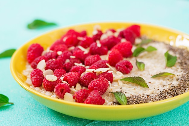 Mingau de aveia saboroso e saudável com chia de framboesa e linho. café da manhã saudável. comida de fitness. nutrição apropriada